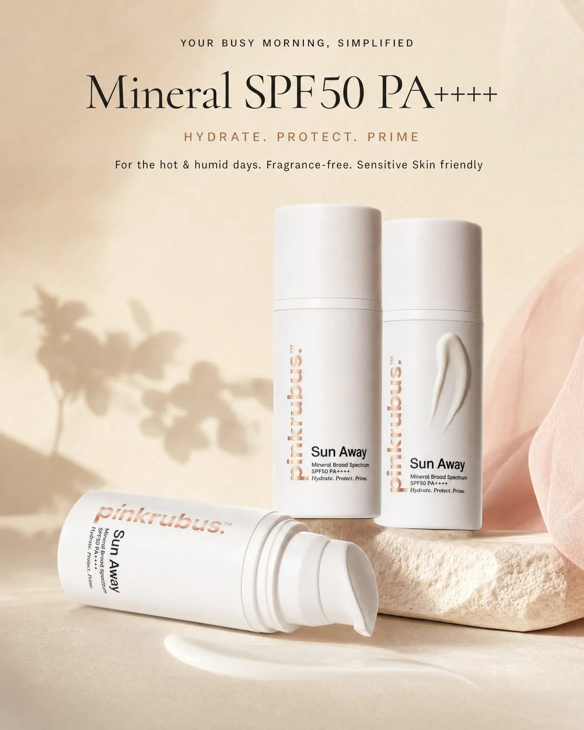 Three Sun Away mineral SPF50 bottles by pinkrubus on a stone surface