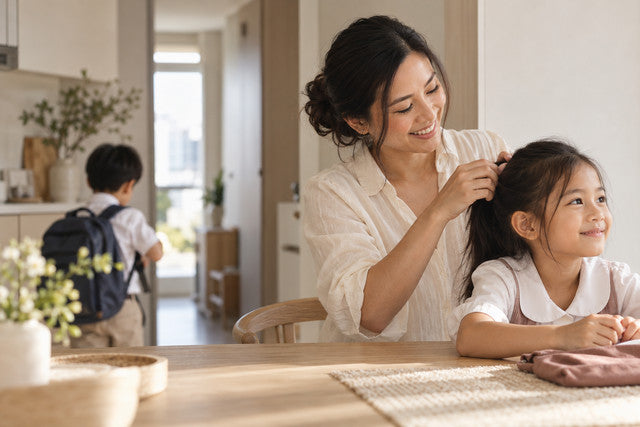 A mother getting her children ready for the day