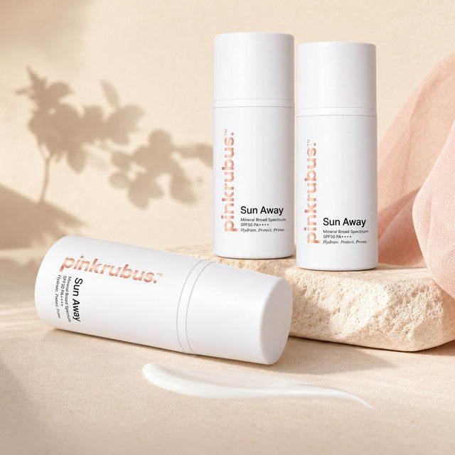Sun Away bottles with corrected packaging on a limestone display